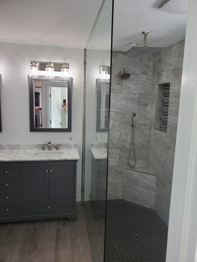 Alpine Deer Creek, after picture, Master Bathroom remodel, 1/2" thick shower glass, walk in curbless shower, All Access Construction Inc