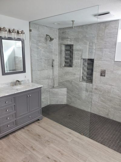 Alpine Deer Creek, after picture, Master Bathroom remodel, 1/2" thick shower glass, walk in curbless shower, rainhead shower, All Access Construction Inc
