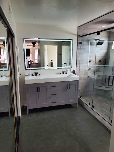 Bridal Run, Modern Luxury, Master Bathroom remodel, All Access Construction Inc, trough sink, shower jets, shower rainhead, shower window, tiled shower ceiling, after picture